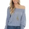 Peach Love Tops Slate Blue Loose Knit Off Shoulder Top With Dolman Sleeves