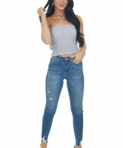 She + Sky Slate Blue Strapless Smocked Bandeau Top With Ruffled Hem Accessories