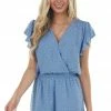 Umgee Slate Blue Surplice Neck Swiss Dot Romper