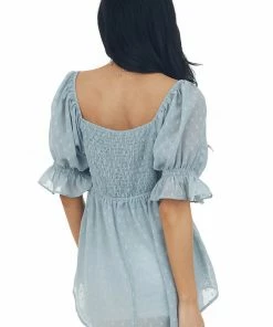 Davi & Dani Slate Blue Swiss Dot Puff Sleeve Babydoll Top