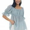 Davi & Dani Slate Blue Swiss Dot Puff Sleeve Babydoll Top
