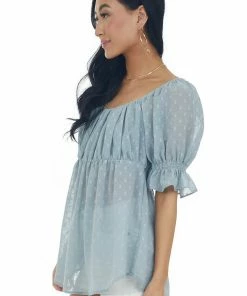 Davi & Dani Slate Blue Swiss Dot Puff Sleeve Babydoll Top