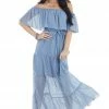 EPretty Dresses Slate Blue Swiss Dot Ruffled Off The Shoulder Maxi Dress