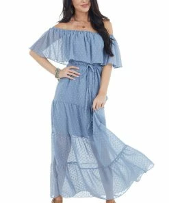 EPretty Dresses Slate Blue Swiss Dot Ruffled Off The Shoulder Maxi Dress