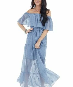 EPretty Dresses Slate Blue Swiss Dot Ruffled Off The Shoulder Maxi Dress