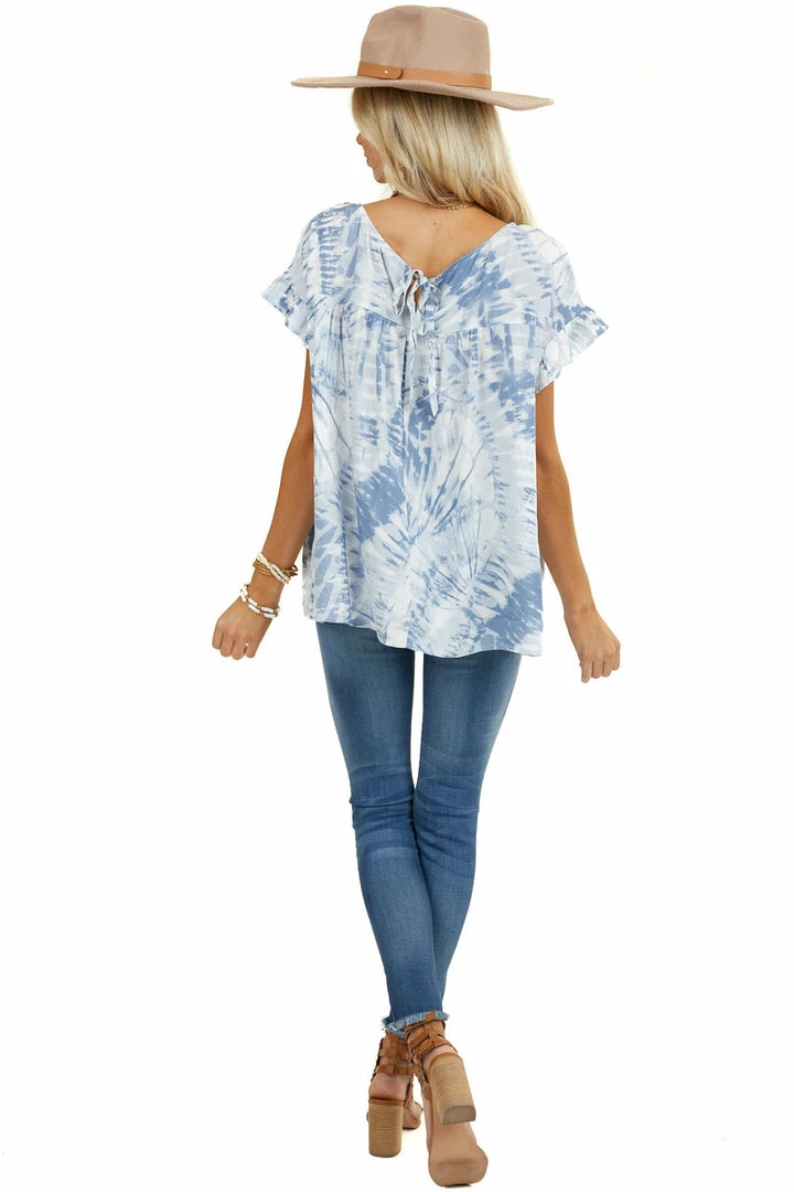 Kori America Tops Slate Blue Tie Dye Blouse With Short Ruffle Sleeves 9 Kori America Tops Slate Blue Tie Dye Blouse With Short Ruffle Sleeves