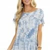Kori America Tops Slate Blue Tie Dye Blouse With Short Ruffle Sleeves