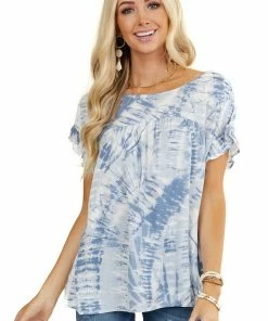 Kori America Tops Slate Blue Tie Dye Blouse With Short Ruffle Sleeves