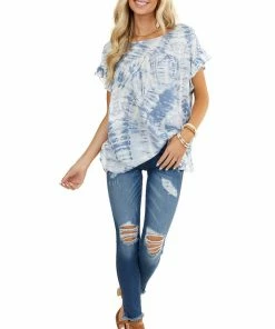 Kori America Tops Slate Blue Tie Dye Blouse With Short Ruffle Sleeves 20 Kori America Tops Slate Blue Tie Dye Blouse With Short Ruffle Sleeves
