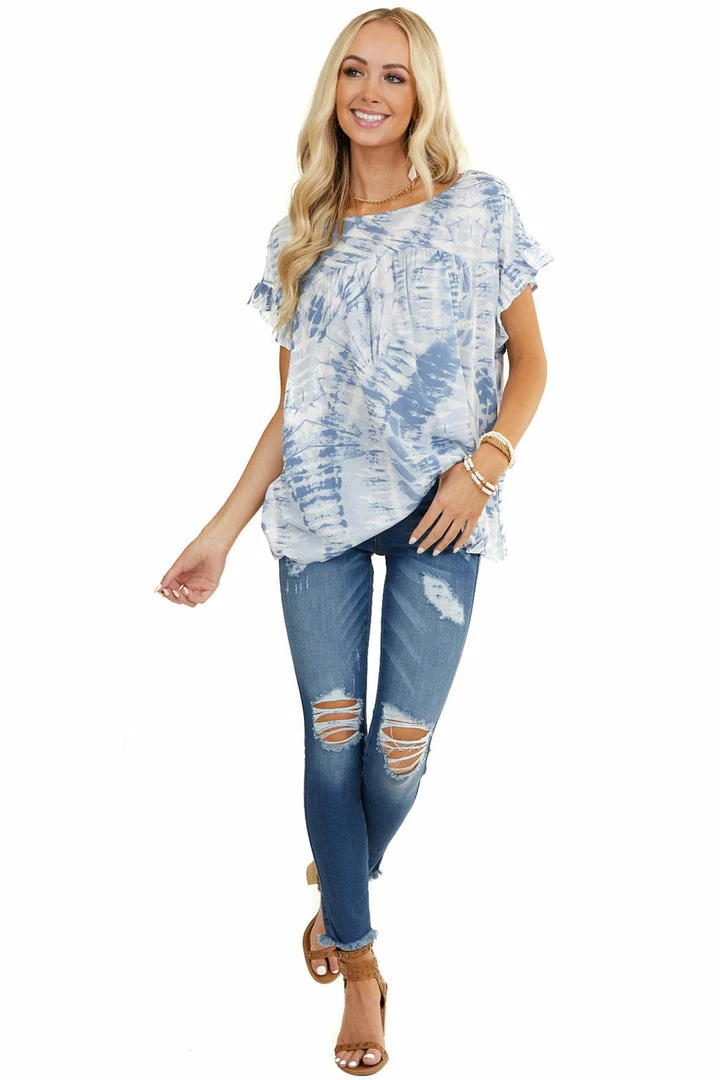 Kori America Tops Slate Blue Tie Dye Blouse With Short Ruffle Sleeves 5 Kori America Tops Slate Blue Tie Dye Blouse With Short Ruffle Sleeves
