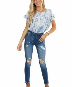 Kori America Tops Slate Blue Tie Dye Blouse With Short Ruffle Sleeves 21 Kori America Tops Slate Blue Tie Dye Blouse With Short Ruffle Sleeves