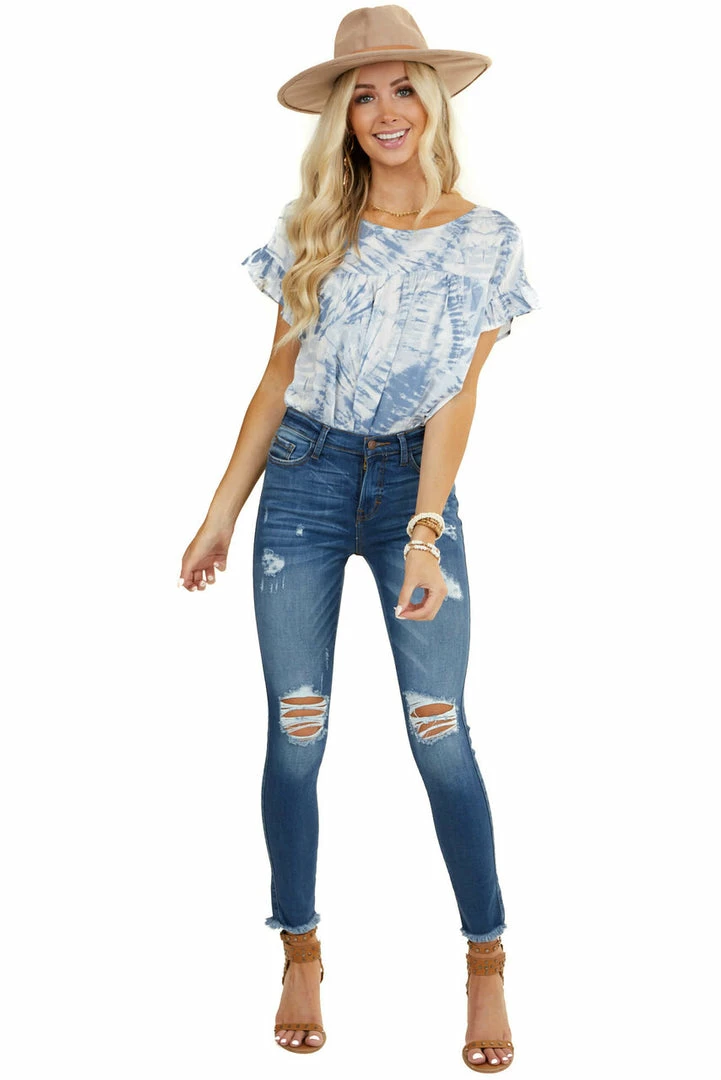 Kori America Tops Slate Blue Tie Dye Blouse With Short Ruffle Sleeves 7 Kori America Tops Slate Blue Tie Dye Blouse With Short Ruffle Sleeves