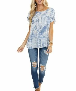 Kori America Tops Slate Blue Tie Dye Blouse With Short Ruffle Sleeves 19 Kori America Tops Slate Blue Tie Dye Blouse With Short Ruffle Sleeves