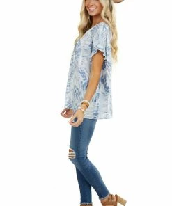 Kori America Tops Slate Blue Tie Dye Blouse With Short Ruffle Sleeves 23 Kori America Tops Slate Blue Tie Dye Blouse With Short Ruffle Sleeves