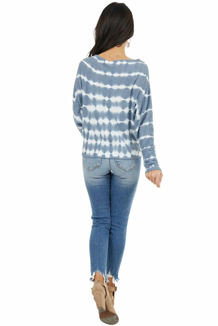 She + Sky Slate Blue Tie Dye Waffle Knit Top With Dolman Sleeves Tops 9 She + Sky Slate Blue Tie Dye Waffle Knit Top With Dolman Sleeves Tops