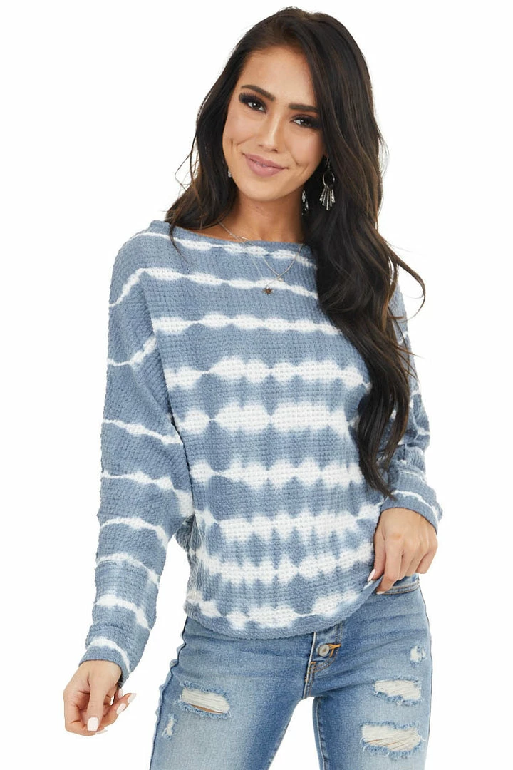 She + Sky Slate Blue Tie Dye Waffle Knit Top With Dolman Sleeves Tops 3 She + Sky Slate Blue Tie Dye Waffle Knit Top With Dolman Sleeves Tops