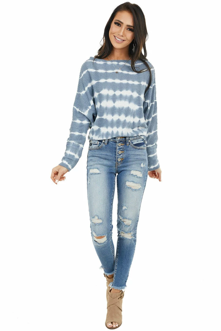 She + Sky Slate Blue Tie Dye Waffle Knit Top With Dolman Sleeves Tops 6 She + Sky Slate Blue Tie Dye Waffle Knit Top With Dolman Sleeves Tops