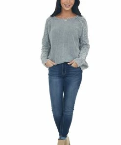 BiBi Tops Slate Grey Mineral Wash Raglan Sleeve Sweater