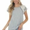 BiBi Slate Grey Ribbed Knit Top With Multiprint Short Sleeves
