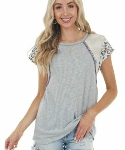 BiBi Slate Grey Ribbed Knit Top With Multiprint Short Sleeves