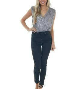 She + Sky Slate Sequined Surplice Shoulder Pad Bodysuit Tops