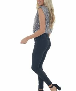 She + Sky Slate Sequined Surplice Shoulder Pad Bodysuit Tops