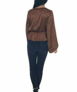 Peach Love Spice Leopard Print Surplice Peplum Blouse Tops