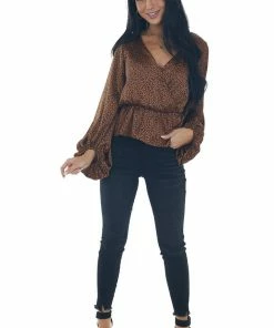Peach Love Spice Leopard Print Surplice Peplum Blouse Tops