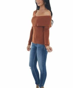 Lush Clothing Spice Long Sleeve One Shoulder Ribbed Knit Top Tops