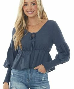 Peach Love Spruce Blue V Neck Puff Sleeve Peplum Blouse