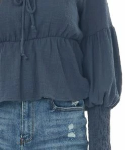 Peach Love Spruce Blue V Neck Puff Sleeve Peplum Blouse