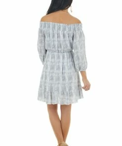 Peach Love Steel And Ivory Tie Dye Striped Off The Shoulder Mini Dress