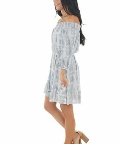 Peach Love Steel And Ivory Tie Dye Striped Off The Shoulder Mini Dress
