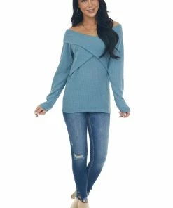 BiBi Tops Steel Blue Criss Cross Brushed Waffle Knit Top