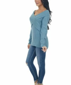 BiBi Tops Steel Blue Criss Cross Brushed Waffle Knit Top