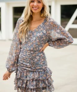 She + Sky Dresses Steel Blue Floral Bubble Sleeve Ruffle Dress 15 She + Sky Dresses Steel Blue Floral Bubble Sleeve Ruffle Dress