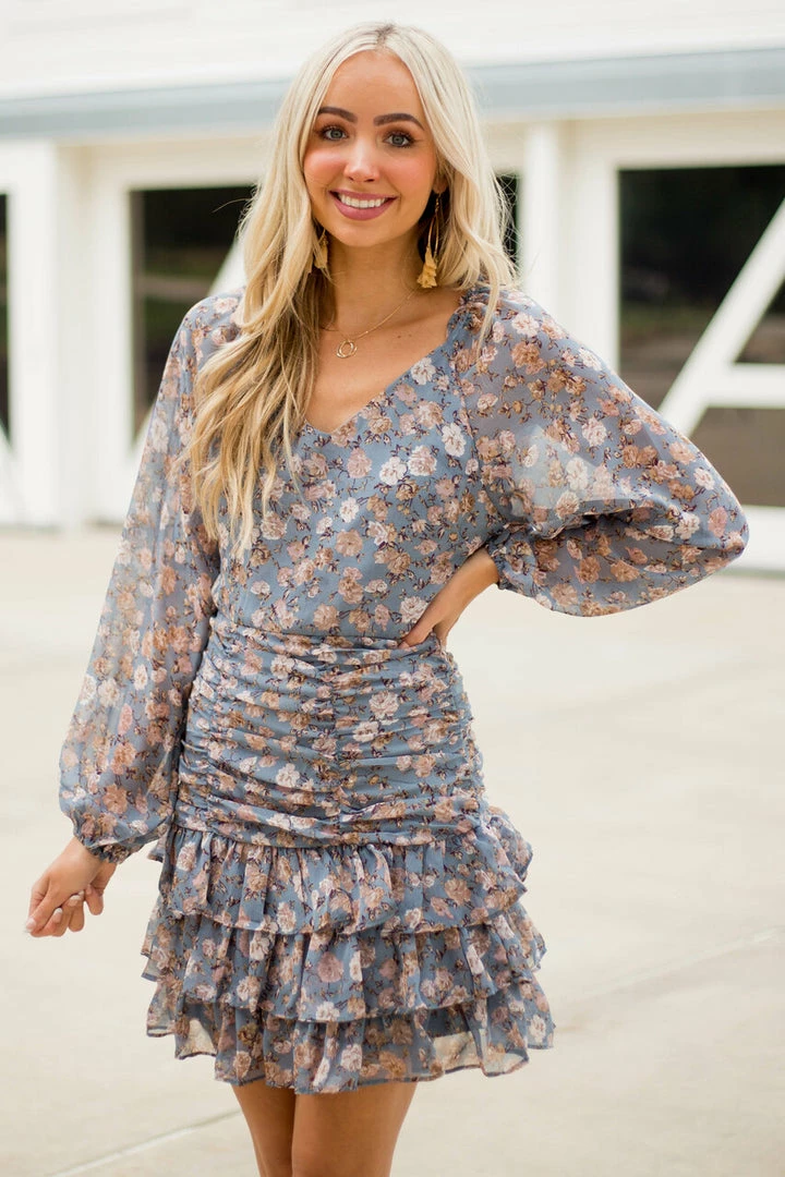 She + Sky Dresses Steel Blue Floral Bubble Sleeve Ruffle Dress 9 She + Sky Dresses Steel Blue Floral Bubble Sleeve Ruffle Dress