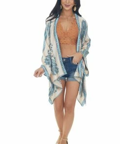 Entro Steel Blue Paisley Print Handkerchief Hem Kimono