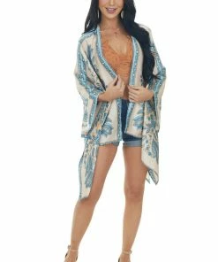 Entro Steel Blue Paisley Print Handkerchief Hem Kimono