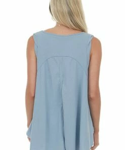 Umgee Steel Blue Raw Hem Ribbed Knit Top With Back Slit Tops