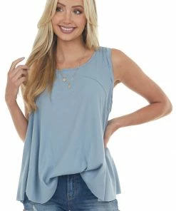 Umgee Steel Blue Raw Hem Ribbed Knit Top With Back Slit Tops