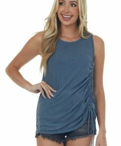 Vanilla Bay Steel Blue Ruched Side Stretchy Knit Tank Top Tops
