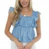 Glam Steel Blue Ruffle Babydoll Square Neckline Top Tops