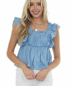 Glam Steel Blue Ruffle Babydoll Square Neckline Top Tops