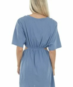 Umgee Dresses Steel Blue Waist Cut Out Short Sleeve Knit Dress