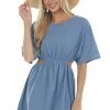 Umgee Dresses Steel Blue Waist Cut Out Short Sleeve Knit Dress