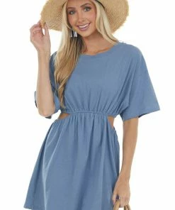 Umgee Dresses Steel Blue Waist Cut Out Short Sleeve Knit Dress
