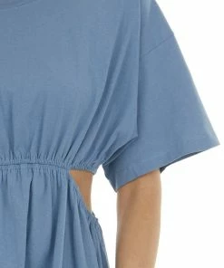 Umgee Dresses Steel Blue Waist Cut Out Short Sleeve Knit Dress