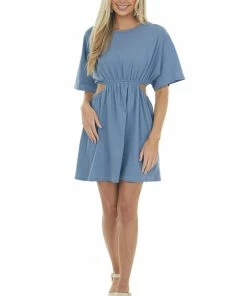Umgee Dresses Steel Blue Waist Cut Out Short Sleeve Knit Dress