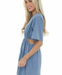 Umgee Dresses Steel Blue Waist Cut Out Short Sleeve Knit Dress